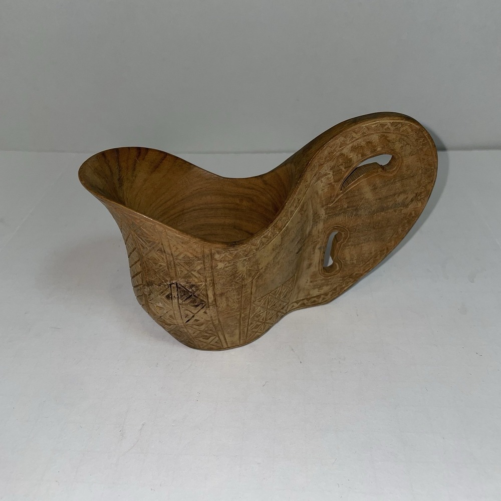 Vintage Hand Carved Wooden Pitcher Folk Art Geometric Pattern Scoop Decorative